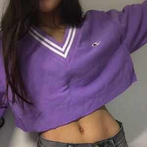 Purple Cropped V-neck Sweatshirt w/ Double White Trim/Outline [Champion]